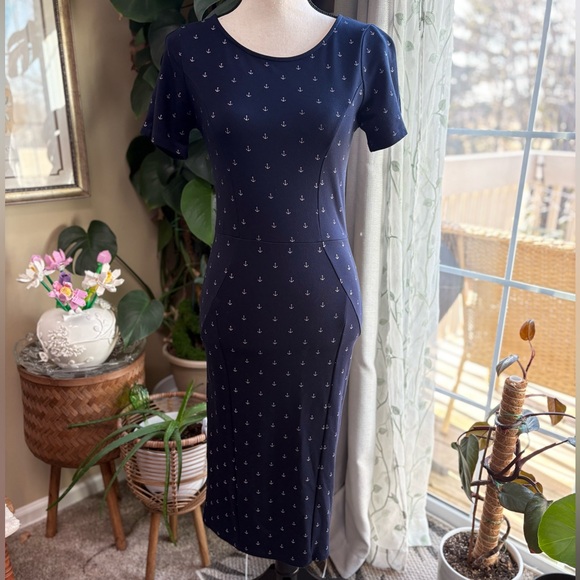 Unique Vintage Dark Blue Nautical Wiggle Midi Dress - Picture 2 of 11